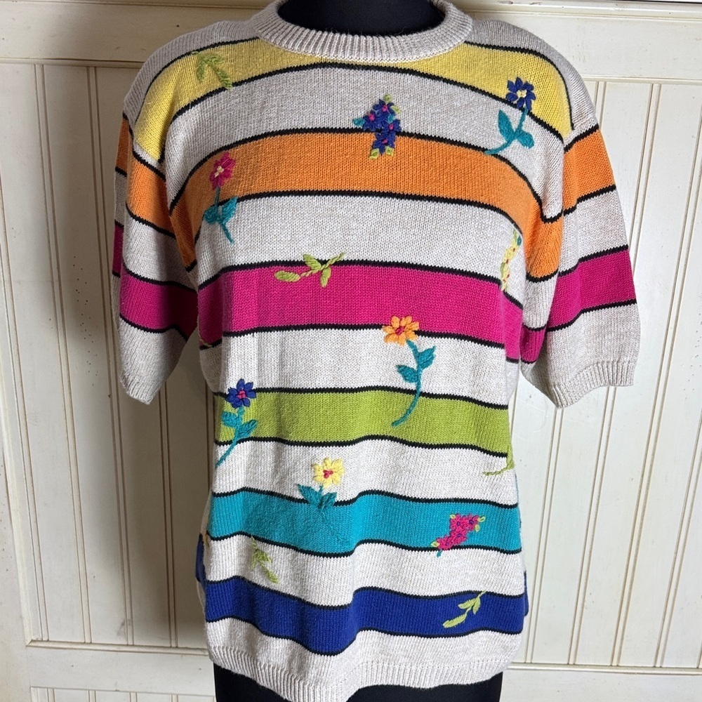 Alfred Dunner VTG Floral embroidered Striped Shirt Sleeve Knit Sweater